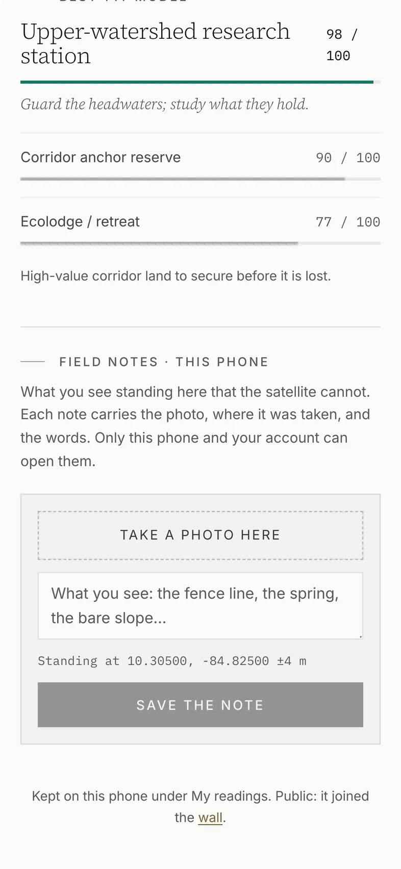 Field notes under a reading: Take a photo here, a line for what you see, and the position the note will carry.