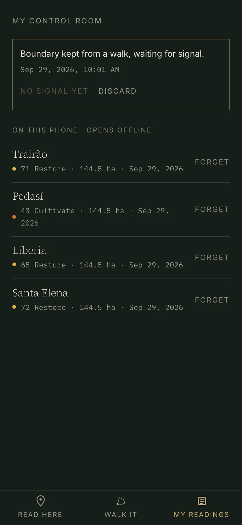 My readings with no signal: a walked boundary waiting for signal, and four readings kept on the phone that open offline.