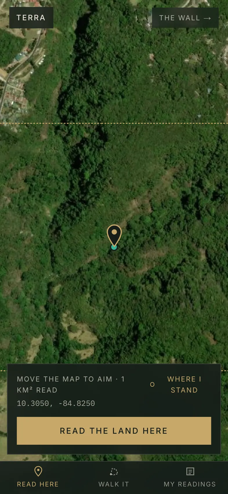 The Read here tab: the satellite map near Monteverde, the pin under the crosshair, the square kilometre it will read, and the Read the land here button.