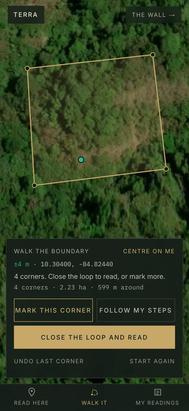 The Walk it tab: a boundary of 4 corners · 2.23 ha · 599 m around drawn in gold over the satellite map, with Mark this corner, Follow my steps and Close the loop and read.