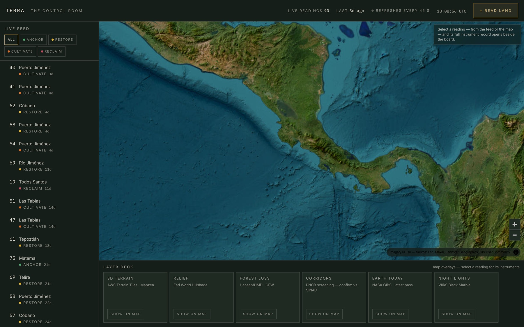 The TERRA control room: a dark board with the feed of readings on the left, Central America on the satellite map, and the layer deck for 3D terrain, relief, forest loss, corridors, today's satellite pass and night lights